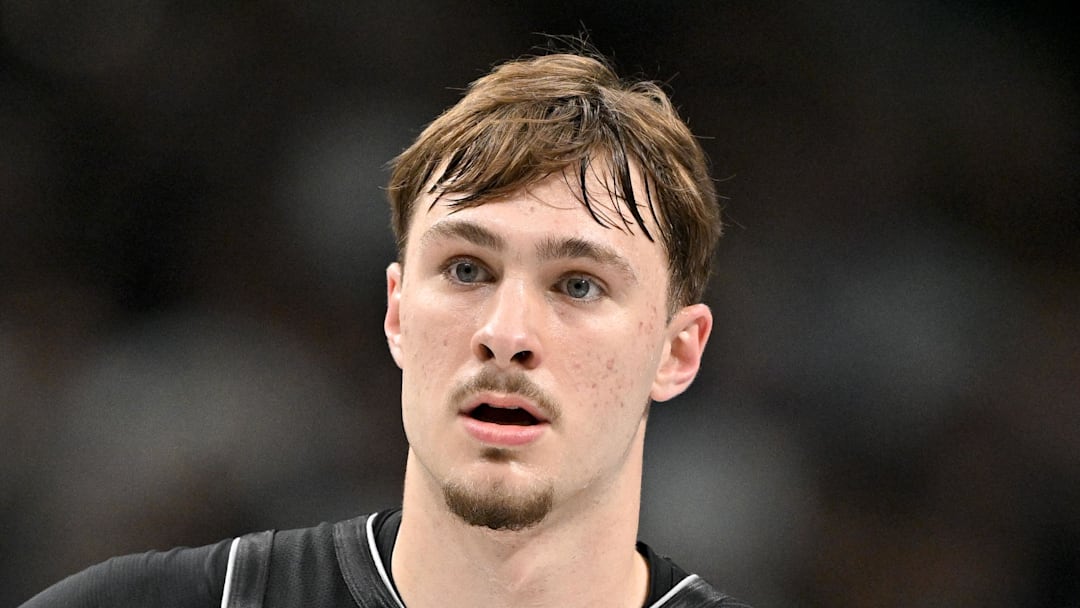 Dallas Mavericks forward Cooper Flagg looks on during the game between the Mavericks and the Nuggets.