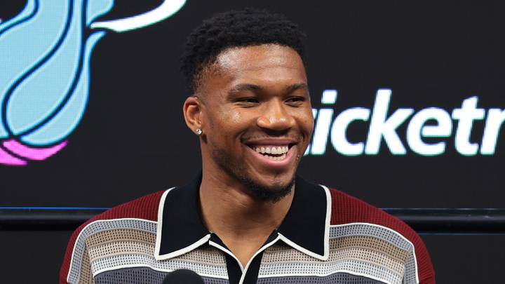 Miami Heat forward Giannis Antetokounmpo (7) reacts  (Mandatory Credit: Sam Navarro-Imagn Images)
