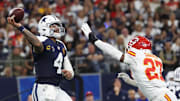 Nov 27, 2025; Arlington, Texas, USA; Dallas Cowboys quarterback Dak Prescott (4) throws a pass against Kansas City Chiefs safety Chamarri Conner (27) during the first quarter at AT&T Stadium. Mandatory Credit: Kevin Jairaj-Imagn Images