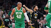 Jan 19, 2023; Boston, Massachusetts, USA; Boston Celtics center Al Horford (42) reacts after his basket against the Golden State Warriors in the first quarter at TD Garden. Mandatory Credit: David Butler II-Imagn Images