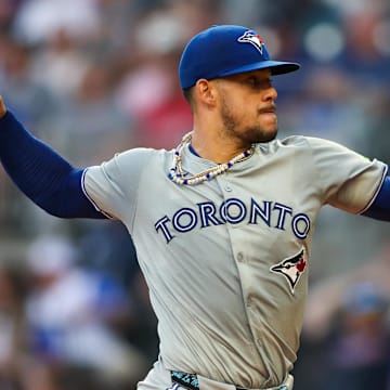 Toronto Blue Jays starting pitcher Jose Berrios (17) throws against the Atlanta Braves in the first inning at Truist Park on Sept. 7.