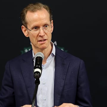 Orlando Magic president of basketball operations Jeff Weltman speaks during a press conference for the new Orlando Magic G-League stadium at Osceola Heritage Park. 