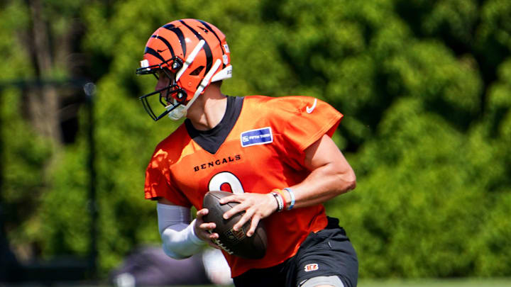 Cincinnati Bengals quarterback Joe Burrow (9) participates in drills during training, Wednesday, Sept. 4, 2024, at the Kettering Health Practice Fields outside of Paycor Stadium in Cincinnati.