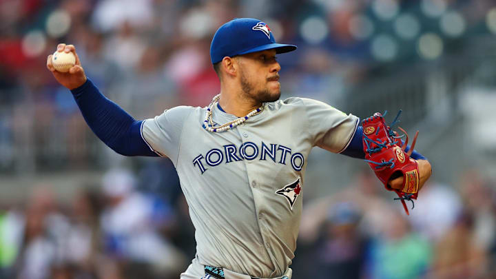 Toronto Blue Jays starting pitcher Jose Berrios (17) throws against the Atlanta Braves in the first inning at Truist Park on Sept. 7.