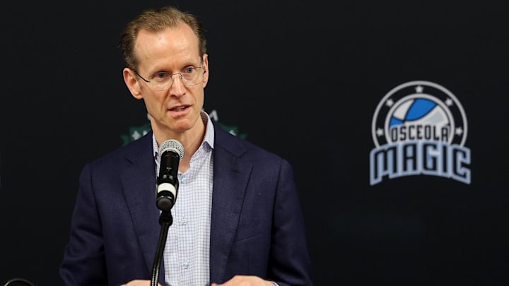 Orlando Magic president of basketball operations Jeff Weltman speaks during a press conference for the new Orlando Magic G-League stadium at Osceola Heritage Park. 