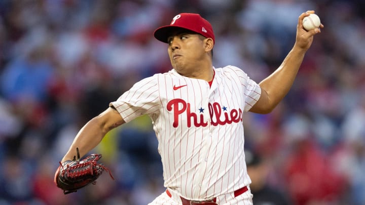 May 15, 2024; Philadelphia, Pennsylvania, USA; Philadelphia Phillies pitcher Ranger Suarez (55) throws a pitch against the New York Mets at Citizens Bank Park. 