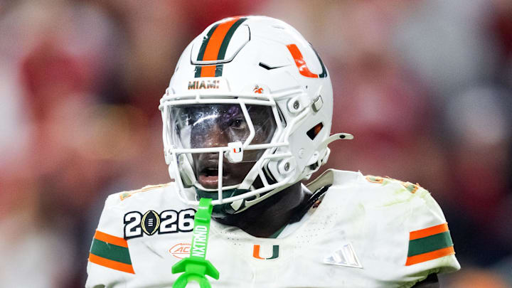 Jan 19, 2026; Miami Gardens, FL, USA; Miami Hurricanes linebacker Wesley Bissainthe (31) against the Indiana Hoosiers during the College Football Playoff National Championship game at Hard Rock Stadium. Mandatory Credit: Mark J. Rebilas-Imagn Images