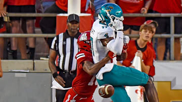 Coastal Carolina's Cameron Wright tries to make a catch as Jacksonville State's Zechariah Poyser breaks up the play during college football action at Burgess-Snow Field AmFirst Stadium in Jacksonville, Alabama August 29, 2024. (Dave Hyatt / Special to the Gadsden Times)