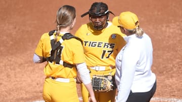Missouri pitcher Cierra Harrison (17) on the mound during a game between Tennessee and Missouri in Sherri Parker Lee Stadium in Knoxville, Tenn., Saturday, March 16, 2024.