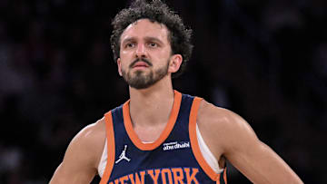 Apr 1, 2025; New York, New York, USA; New York Knicks guard Landry Shamet (44) during the first half against the Philadelphia 76ers at Madison Square Garden. Mandatory Credit: John Jones-Imagn Images