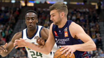 Oct 5, 2019; Salt Lake City, UT, USA; Utah Jazz guard Miye Oni (24) defends against Adelaide 36ers forward Jack McVeigh (9) during the second half of a preseason game at Vivant Smart Home Arena.