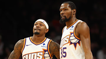 Dec 13, 2023; Phoenix, Arizona, USA; Phoenix Suns forward Kevin Durant (35) and guard Bradley Beal (3) against the Brooklyn Nets at Footprint Center. Mandatory Credit: Mark J. Rebilas-Imagn Images