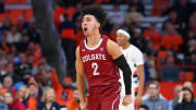 Nov 15, 2022; Syracuse, New York, USA; Colgate Raiders guard Braeden Smith (2) reacts to his three-point basket against the Syracuse Orange during the second half at the JMA Wireless Dome. Mandatory Credit: Rich Barnes-USA TODAY Sports