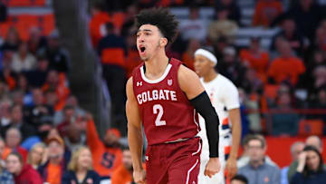 Nov 15, 2022; Syracuse, New York, USA; Colgate Raiders guard Braeden Smith (2) reacts to his three-point basket against the Syracuse Orange during the second half at the JMA Wireless Dome. Mandatory Credit: Rich Barnes-USA TODAY Sports