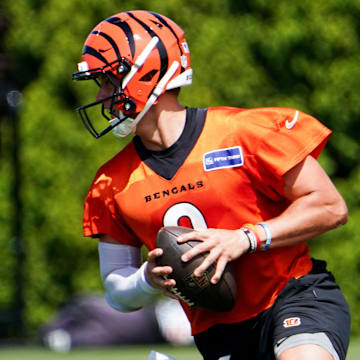 Cincinnati Bengals quarterback Joe Burrow (9) participates in drills during training, Wednesday, Sept. 4, 2024, at the Kettering Health Practice Fields outside of Paycor Stadium in Cincinnati.