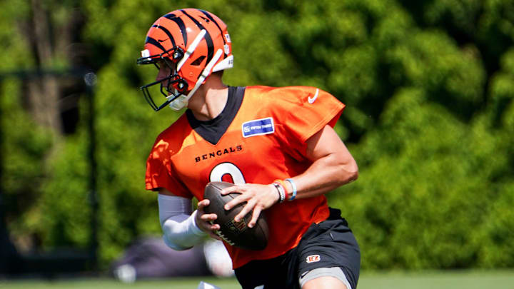 Cincinnati Bengals quarterback Joe Burrow (9) participates in drills during training, Wednesday, Sept. 4, 2024, at the Kettering Health Practice Fields outside of Paycor Stadium in Cincinnati.