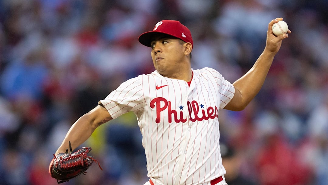 May 15, 2024; Philadelphia, Pennsylvania, USA; Philadelphia Phillies pitcher Ranger Suarez (55) throws a pitch against the New York Mets at Citizens Bank Park. 