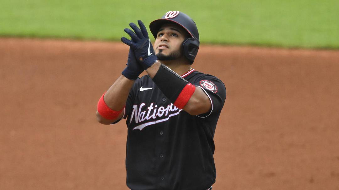 May 26, 2026; Cleveland, Ohio, USA; Washington Nationals catcher Keibert Ruiz (20) celebrates his two-RBI single in the second inning against the Cleveland Guardians at Progressive Field. Mandatory Credit: David Richard-Imagn Images