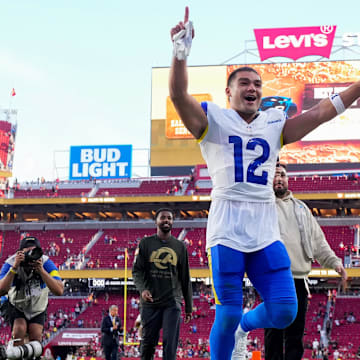 Nov 9, 2025; Santa Clara, California, USA; Los Angeles Rams wide receiver Puka Nacua (12) celebrates after the game against the San Francisco 49ers at Levi's Stadium. Mandatory Credit: Cary Edmondson-Imagn Images