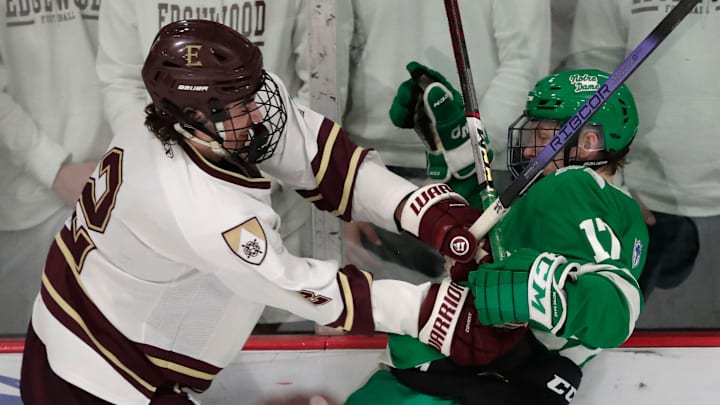 Madison Edgewood High School's Bennett Cagle (2) checks Notre Dame Academy's Drew Heil (17) during their WIAA Division 1 boys semifinal hockey game Friday, March 1, 2024, at Bob Suter's Capitol Ice Arena in Middleton, Wisconsin. The Crusaders are on a roll and are jump into the first ten spots in the Top 15.