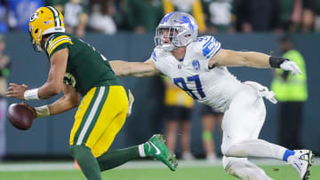 Detroit Lions defensive end Aidan Hutchinson (97) chases down Green Bay Packers quarterback Jordan Love (10) for a sack during their football game on Thursday, September 28, 2023, at Lambeau Field in Green Bay, Wis. The Lions won the game, 34-20.
Tork Mason/USA TODAY NETWORK-Wisconsin