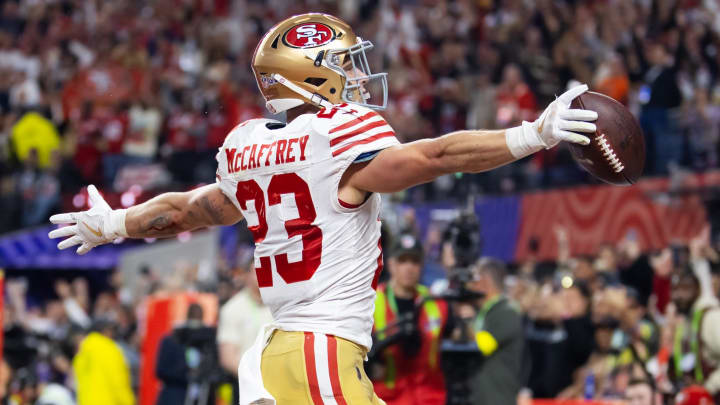 Feb 11, 2024; Paradise, Nevada, USA; San Francisco 49ers running back Christian McCaffrey (23) celebrates after scoring a touchdown in the first half of Super Bowl LVIII at Allegiant Stadium. Mandatory Credit: Mark J. Rebilas-USA TODAY Sports