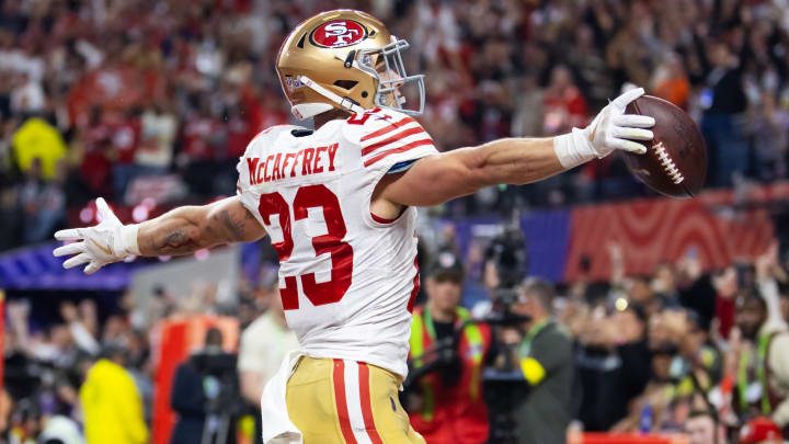 Feb 11, 2024; Paradise, Nevada, USA; San Francisco 49ers running back Christian McCaffrey (23) celebrates after scoring a touchdown in the first half of Super Bowl LVIII at Allegiant Stadium. Mandatory Credit: Mark J. Rebilas-USA TODAY Sports