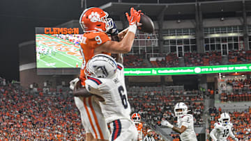 Sep 16, 2023; Clemson, South Carolina; Clemson tight end Jake Briningstool (9) catches a pass for a touchdown.