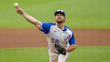 Jun 28, 2025; Cumberland, Georgia, USA; Atlanta Braves starting pitcher Spencer Schwellenbach (56) pitches against the Philadelphia Phillies during the first inning at Truist Park. Mandatory Credit: Dale Zanine-Imagn Images