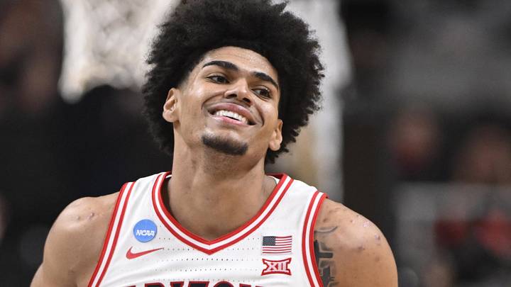 Mar 26, 2026; San Jose, CA, USA; Arizona Wildcats forward Koa Peat (10) reacts after a pay against the Arkansas Razorbacks in the second half during a Sweet Sixteen game of the West Regional of the men's 2026 NCAA Tournament at SAP Center. Mandatory Credit: Eakin Howard-Imagn Images