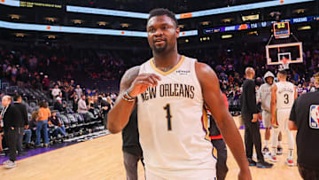 Feb 27, 2025; Phoenix, Arizona, USA; New Orleans Pelicans forward Zion Williamson (1) after a victory over the Phoenix Suns at Footprint Center. Mandatory Credit: Brett Davis-Imagn Images