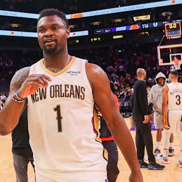 Feb 27, 2025; Phoenix, Arizona, USA; New Orleans Pelicans forward Zion Williamson (1) after a victory over the Phoenix Suns at Footprint Center. Mandatory Credit: Brett Davis-Imagn Images