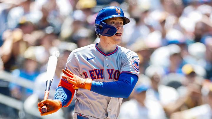 Jun 7, 2026; San Diego, California, USA; New York Mets third baseman Brett Baty (7) hits a double during the fourth inning against the San Diego Padres at Petco Park. Mandatory Credit: David Frerker-Imagn Images