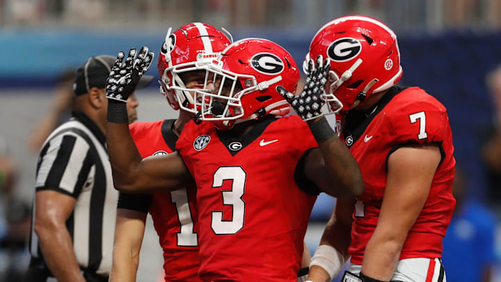 Georgia running back Nate Frazier (3) celebrates after scoring a touchdown during the second half of the NCAA Aflac Kickoff Game against Clemson in Atlanta, on Saturday, Aug. 31, 2024.