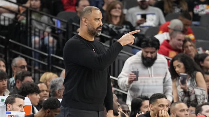 Mar 12, 2024; San Antonio, Texas, USA; Houston Rockets head coach Ime Udoka signals to players during the first half against the San Antonio Spurs at Frost Bank Center. Mandatory Credit: Scott Wachter-USA TODAY Sports