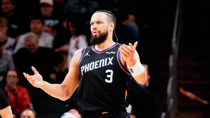 Phoenix, Arizona, USA; Phoenix Suns guard/forward Dillon Brooks (3) reacts during the second half the game at Mortgage Matchup Center. Mandatory Credit: Arianna Grainey-Imagn Images