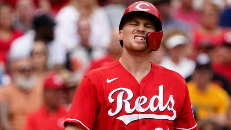 Cincinnati Reds third baseman Brandon Drury (22) reacts.