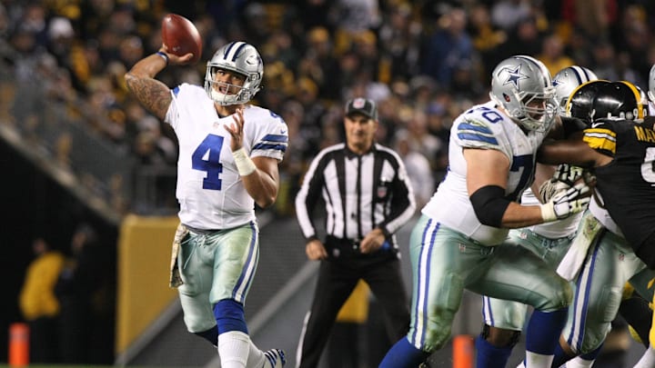 Nov 13, 2016; Pittsburgh, PA, USA; Dallas Cowboys quarterback Dak Prescott (4) throws a pass against the Pittsburgh Steelers during the second half of their game at Heinz Field. The Cowboys won the game, 35-30. Mandatory Credit: Jason Bridge-Imagn Images Nov 13, 2016; Pittsburgh, PA, USA; Dallas Cowboys quarterback Dak Prescott (4) throws a pass against the Pittsburgh Steelers during the second half of their game at Heinz Field. The Cowboys won the game, 35-30. Mandatory Credit: Jason Bridge-Imagn Images