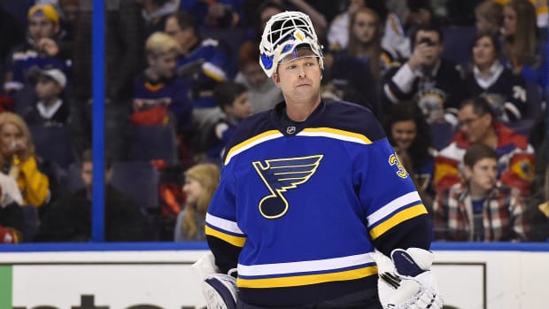 St. Louis Blues goaltender Martin Brodeur during a game against the Colorado Avalanche