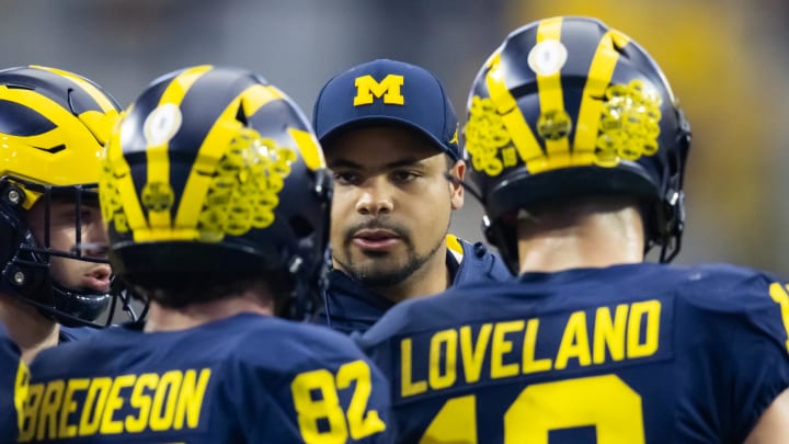 Dec 31, 2022; Glendale, Arizona, USA; Michigan Wolverines tight ends coach Grant Newsome against the TCU Horned Frogs during the 2022 Fiesta Bowl at State Farm Stadium. Mandatory Credit: Mark J. Rebilas-USA TODAY Sports