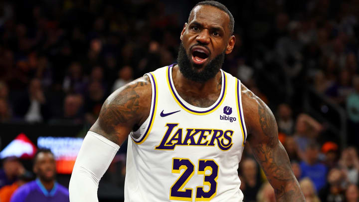 Feb 25, 2024; Phoenix, Arizona, USA; Los Angeles Lakers forward LeBron James (23) reacts after a dunk during the third quarter of the game against the Phoenix Suns at Footprint Center. Mandatory Credit: Mark J. Rebilas-USA TODAY Sports