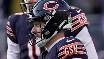 Chicago Bears place kicker Cairo Santos (8) watches his attempt at a field goal fail as time expired during the fourth quarter of their game Sunday, November 17, 2024, at Soldier Field in Chicago, Illinois.
