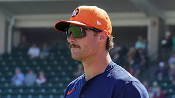 Feb 26, 2024; Lakeland, Florida, USA; Houston Astros designated hitter Jacob Melton (76) walks on the field before the game against the Detroit Tigers at Publix Field at Joker Marchant Stadium. Mandatory Credit: Mike Watters-Imagn Images