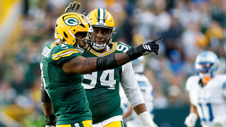 Former Penn State linebacker and current Green Bay Packers defensive end Micah Parsons following his sack against Detroit Lions QB Jared Goff