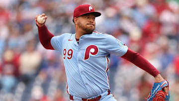 Apr 3, 2025; Philadelphia, Pennsylvania, USA; Philadelphia Phillies pitcher Taijuan Walker (99) throws a pitch against the Colorado Rockies during the first inning at Citizens Bank Park. 