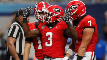 Georgia running back Nate Frazier (3) celebrates after scoring a touchdown during the second half of the NCAA Aflac Kickoff Game against Clemson in Atlanta, on Saturday, Aug. 31, 2024.