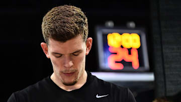 Nov 9, 2025; Cedar Park, Texas, USA; San Antonio Spurs two-way forward Riley Minix (27) stands near center court during the national anthem before a game against the Birmingham Squadron at H-E-B Center at Cedar Park.