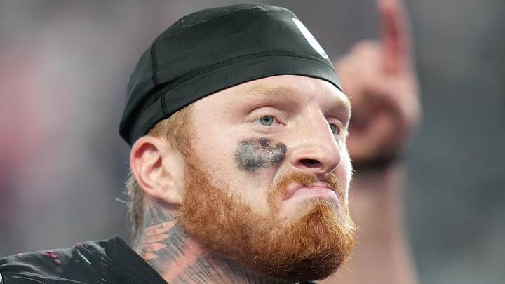 Dec 18, 2022; Paradise, Nevada, USA; Las Vegas Raiders defensive end Maxx Crosby (98) walks off the field after the Raiders defeated the New England Patriots 30-24 at Allegiant Stadium. Mandatory Credit: Stephen R. Sylvanie-Imagn Images