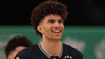Mar 31, 2025; Brooklyn, New York, USA; McDonald’s All American East forward Cameron Boozer (12) stands on the court during the Sprite Jam Fest at Barclay's Center. Mandatory Credit: Pamela Smith-Imagn Images