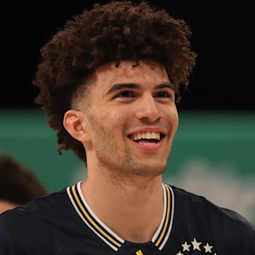 Mar 31, 2025; Brooklyn, New York, USA; McDonald’s All American East forward Cameron Boozer (12) stands on the court during the Sprite Jam Fest at Barclay's Center. Mandatory Credit: Pamela Smith-Imagn Images